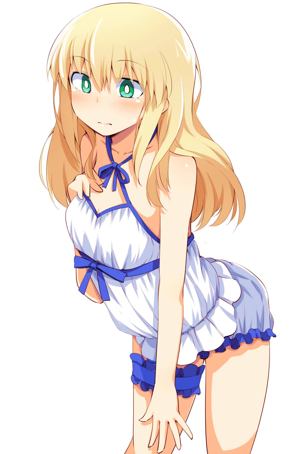 1girl bangs bare_arms bare_shoulders blonde_hair blue_ribbon blush breasts character_request chata_maru_(irori_sabou) collarbone commentary_request frills green_eyes hand_on_own_chest highres long_hair medium_breasts ribbon shirt short_shorts shorts simple_background solo thigh_strap white_background white_shirt white_shorts