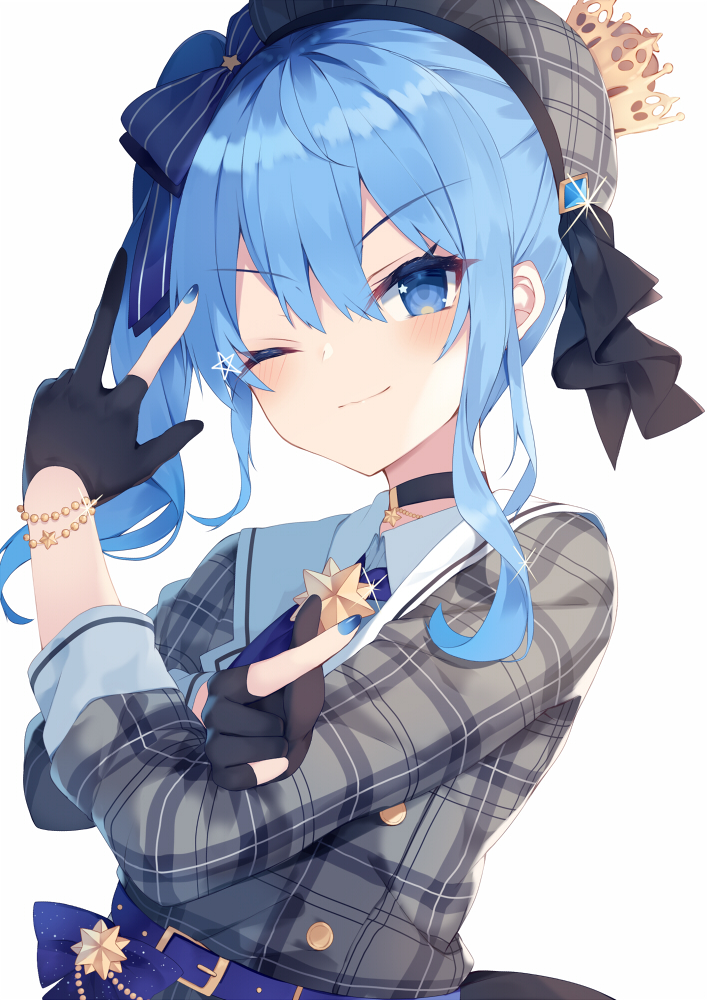 1girl ;) bangs beret black_choker black_gloves blue_bow blue_eyes blue_hair blue_nails blush bow choker closed_mouth collared_shirt commentary_request crown eyebrows_visible_through_hair finger_gun gloves grey_headwear grey_jacket hair_between_eyes hair_bow hair_ornament hat hololive hoshimachi_suisei jacket long_hair mini_crown nail_polish nibiiro_shizuka one_eye_closed partly_fingerless_gloves plaid_hat plaid_jacket shirt side_ponytail sidelocks simple_background smile solo star star_hair_ornament striped striped_bow upper_body v-shaped_eyebrows virtual_youtuber w white_background white_shirt