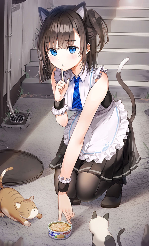 1girl animal_ears apron bangs bare_shoulders black_hair blue_eyes blush breasts cat cat_ears cat_food cat_girl cat_tail commentary_request dress eyebrows_visible_through_hair looking_at_viewer maid maid_apron maid_dress maid_headdress medium_breasts original outdoors pantyhose ran9u sleeveless sleeveless_dress solo tail