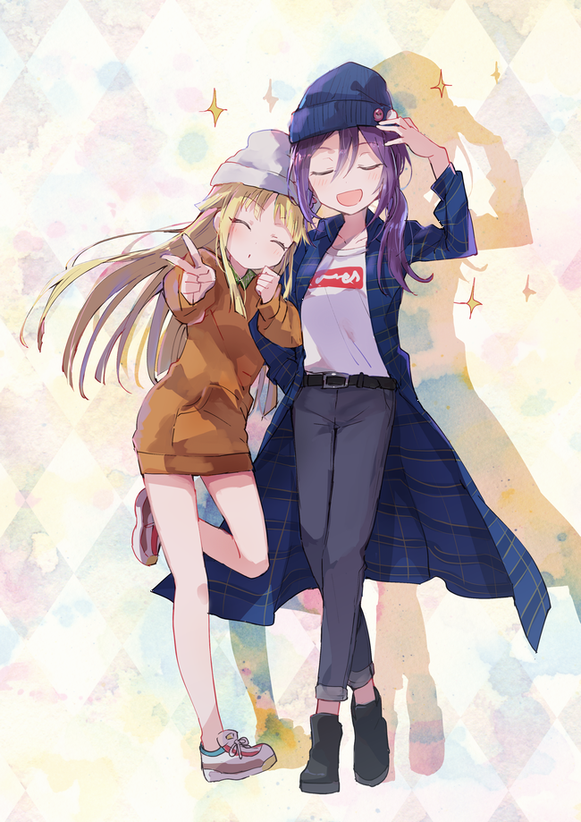 2girls :d ^_^ argyle argyle_background arm_hug badge bang_dream! bangs beanie belt black_footwear black_pants blonde_hair blue_headwear blue_jacket button_badge clenched_hand closed_eyes crossed_legs drop_shadow facing_viewer full_body grey_headwear hair_between_eyes hand_on_own_head hat jacket long_hair multiple_girls no_pants open_mouth orange_hoodie oto_(rozeko) pants ponytail purple_hair seta_kaoru shirt shoes smile sparkle standing standing_on_one_leg tsurumaki_kokoro u_u v watson_cross white_shirt