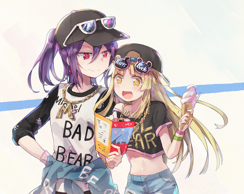 2girls :d backwards_hat bang_dream! bangs baseball_cap black_headwear black_shirt blonde_hair bracelet brochure chain_necklace character_print clothes_around_waist clothes_writing crop_top earrings eyewear_on_headwear food hand_on_hip hat holding holding_food ice_cream_cone jewelry michelle_(bang_dream!) multiple_girls navel open_mouth oto_(rozeko) paw_print ponytail print_shirt purple_hair raglan_sleeves red_eyes seta_kaoru shirt shirt_around_waist short_sleeves sidelocks smile sunglasses tsurumaki_kokoro upper_body yellow_eyes