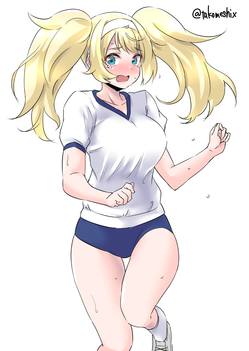1girl blonde_hair blue_buruma blue_eyes blush breasts buruma cowboy_shot gambier_bay_(kantai_collection) gym_uniform hairband highres kantai_collection large_breasts looking_at_viewer nose_blush open_mouth shirt shoes simple_background sneakers socks solo sweat t-shirt takomeshi twintails twitter_username white_background white_footwear white_hairband white_legwear white_shirt
