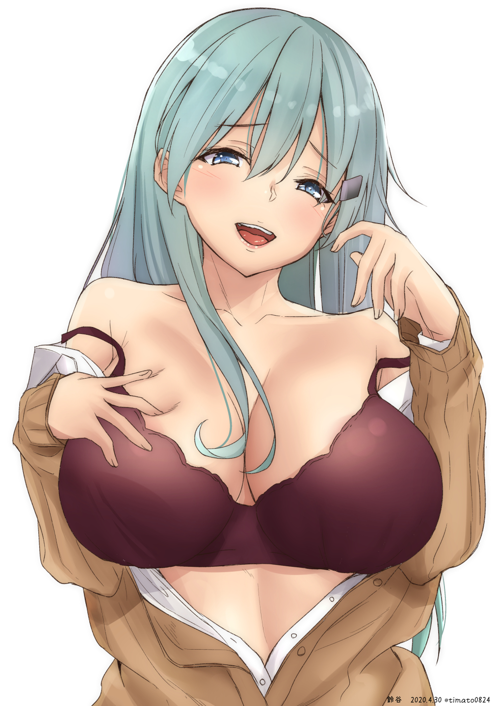 1girl aqua_hair blue_eyes blush bra breasts cardigan eyebrows_visible_through_hair hair_between_eyes hair_ornament hairclip highres kantai_collection large_breasts long_hair long_sleeves looking_at_viewer open_cardigan open_clothes open_mouth open_shirt purple_bra school_uniform shirt simple_background smile solo suzuya_(kantai_collection) teeth timato tongue underwear white_background white_shirt