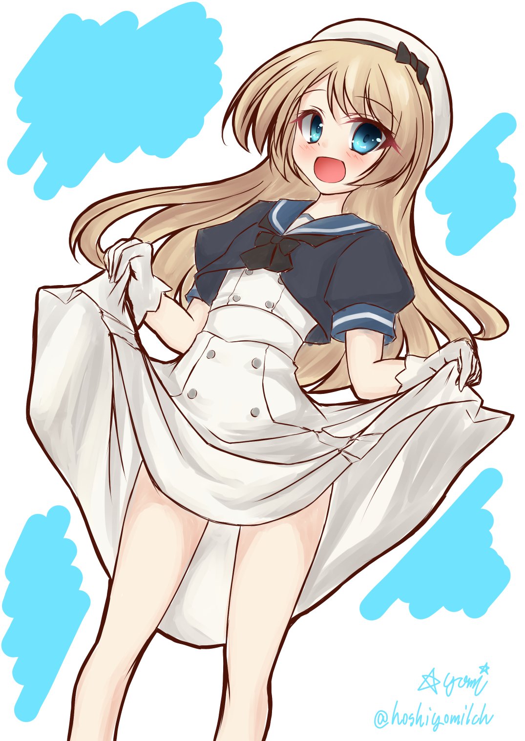 1girl blonde_hair blue_eyes blue_sailor_collar dress dress_lift gloves hat highres hoshiei jervis_(kantai_collection) kantai_collection long_hair looking_at_viewer open_mouth papakha sailor_collar sailor_dress sailor_hat short_sleeves smile solo white_dress white_gloves white_headwear