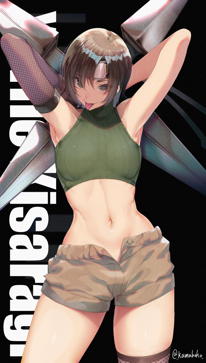 1girl :p armpits arms_up bare_shoulders black_background breasts brown_eyes brown_gloves brown_hair brown_legwear brown_shorts character_name contrapposto crop_top elbow_gloves final_fantasy final_fantasy_vii forehead_protector gloves highres holding holding_weapon huge_weapon kamaboko_(ossann0125) looking_at_viewer navel open_clothes open_fly open_shorts short_hair short_shorts shorts simple_background single_elbow_glove single_glove single_thighhigh sleeveless small_breasts solo stomach thigh-highs toned tongue tongue_out twitter_username weapon yuffie_kisaragi