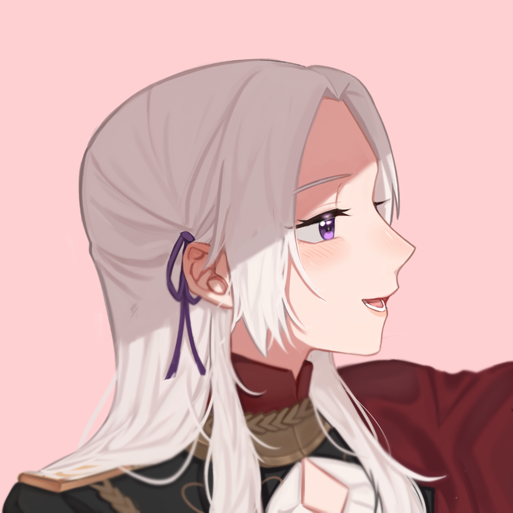 1girl aiguillette bangs blush capelet edelgard_von_hresvelg eyelashes fire_emblem fire_emblem:_three_houses from_side garreg_mach_monastery_uniform hair_ribbon kotori_(b-i-r-d) lips long_hair open_mouth parted_bangs pink_background portrait profile purple_ribbon red_capelet ribbon silver_hair simple_background smile solo straight_hair violet_eyes