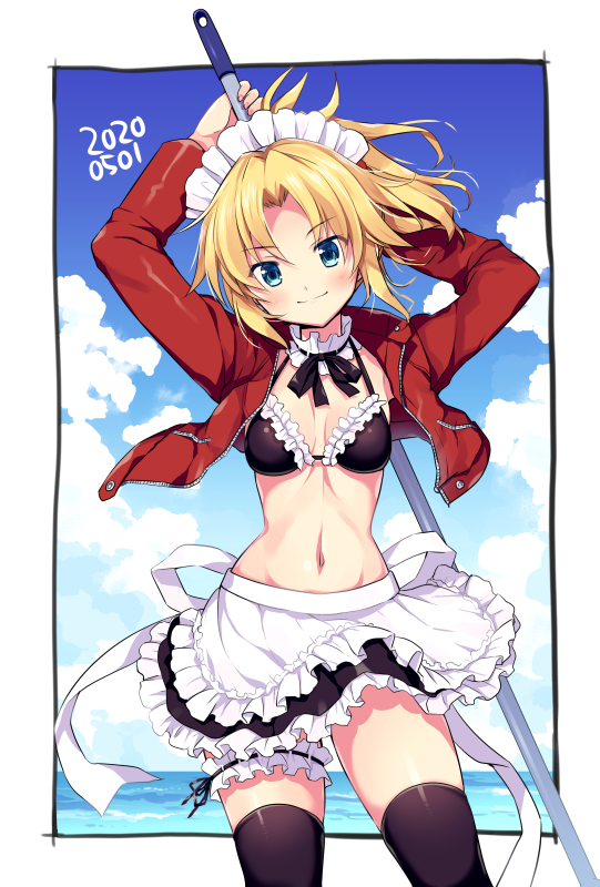 1girl apron arms_up artoria_pendragon_(all) artoria_pendragon_(swimsuit_rider_alter) artoria_pendragon_(swimsuit_rider_alter)_(cosplay) bangs bikini black_bikini black_legwear black_skirt blue_eyes blue_sky blush breasts choker closed_mouth collarbone cosplay fate/apocrypha fate/grand_order fate_(series) frilled_choker frills hair_ornament hair_scrunchie jacket leg_garter long_hair long_sleeves looking_at_viewer maid_bikini maid_headdress mop mordred_(fate) mordred_(fate)_(all) navel odawara_hakone open_clothes open_jacket parted_bangs ponytail red_jacket red_scrunchie scrunchie sidelocks skirt sky small_breasts solo swimsuit thigh-highs thighs waist_apron