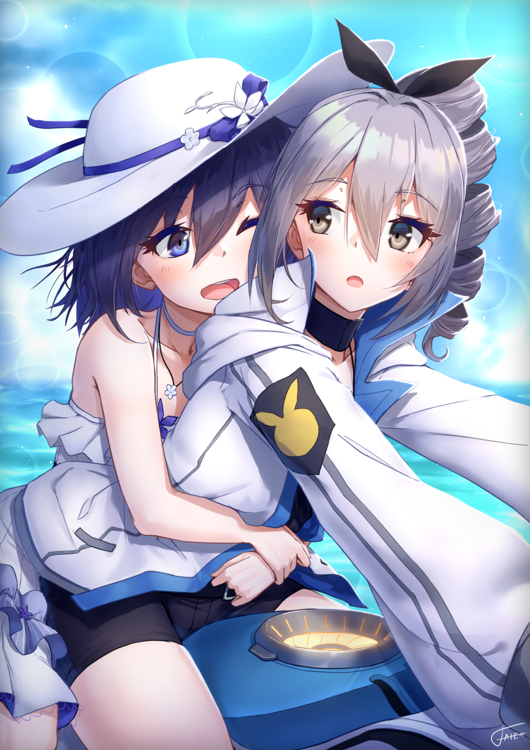 2girls ;d bare_shoulders bike_shorts black_hair black_ribbon blue_background blue_eyes blue_hair blue_ribbon blush bronya_zaychik choker commentary_request dress drill_hair ekusufeito grey_eyes grey_hair ground_vehicle hair_ribbon happy hat highres honkai_(series) honkai_impact_3rd hood hooded_jacket hug hug_from_behind jacket jewelry long_hair motor_vehicle motorcycle multicolored_hair multiple_girls necklace on_motorcycle one_eye_closed open_mouth ribbon seele_vollerei sidelocks smile sun_hat twin_drills two-tone_hair white_dress white_headwear white_jacket