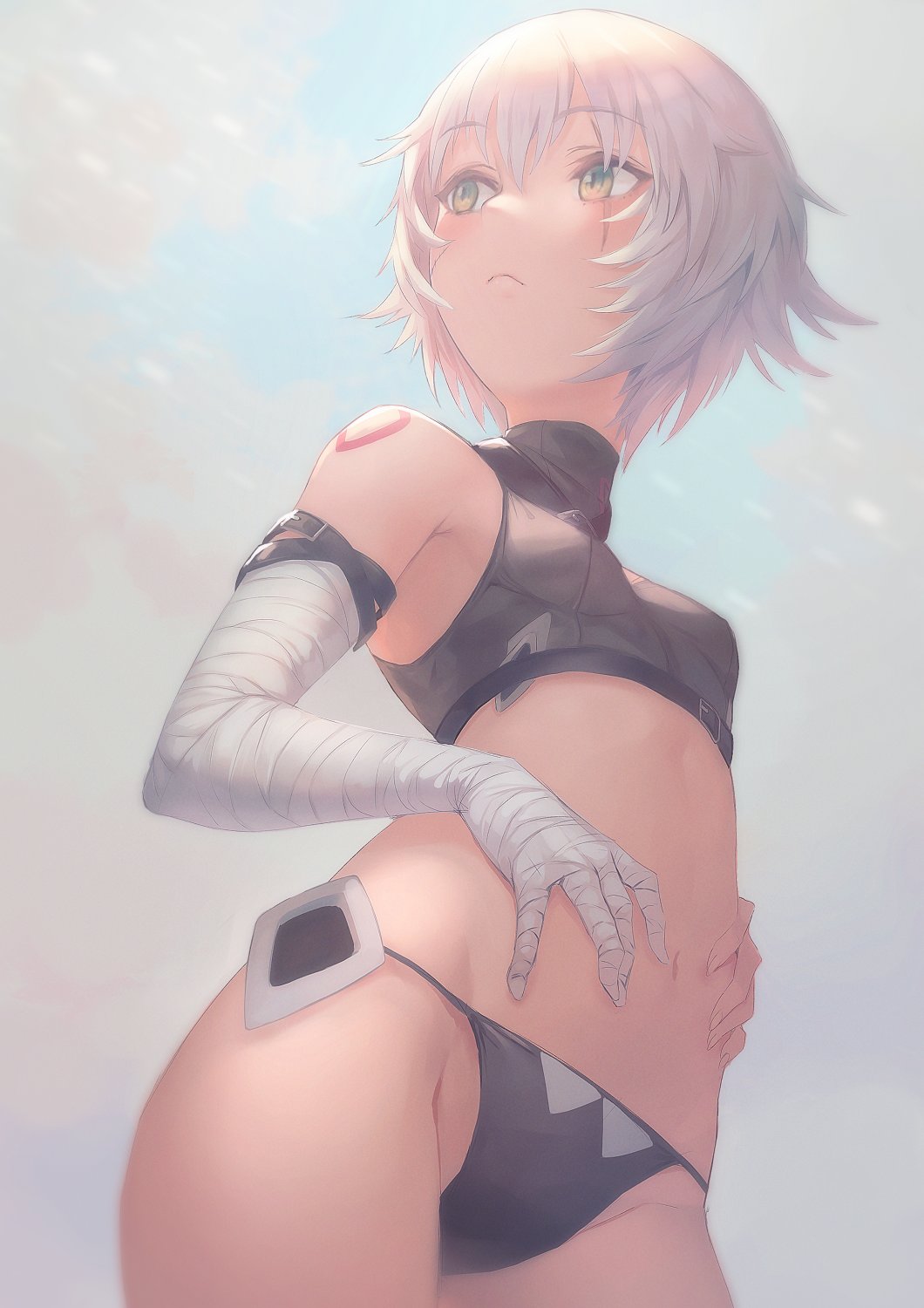 1girl arm_belt bandaged_arm bandages bangs bare_shoulders black_panties blush breasts closed_mouth crop_top facial_scar fate/apocrypha fate_(series) green_eyes highres jack_the_ripper_(fate/apocrypha) looking_to_the_side lowleg lowleg_panties navel otsukemono panties scar scar_across_eye scar_on_cheek short_hair shoulder_tattoo small_breasts solo tattoo underwear white_hair