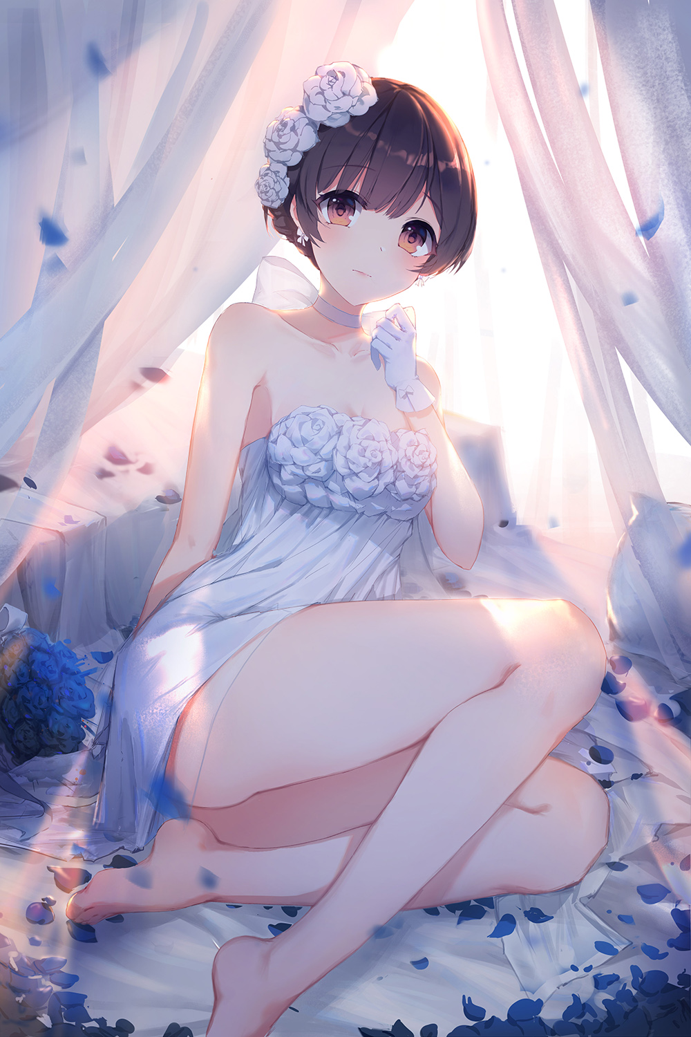 1girl bangs bare_legs bare_shoulders barefoot bed_sheet blue_flower blue_rose bow bow_earrings breasts brown_eyes brown_hair choker closed_mouth collarbone commentary_request curtains dress earrings eyebrows_visible_through_hair flower girl_cafe_gun gloves hair_flower hair_ornament hand_up highres jewelry legs looking_at_viewer petals rose shi_wu_you short_hair small_breasts solo strapless strapless_dress thighs transparent wedding_dress white_bow white_choker white_dress white_flower white_gloves white_rose xing