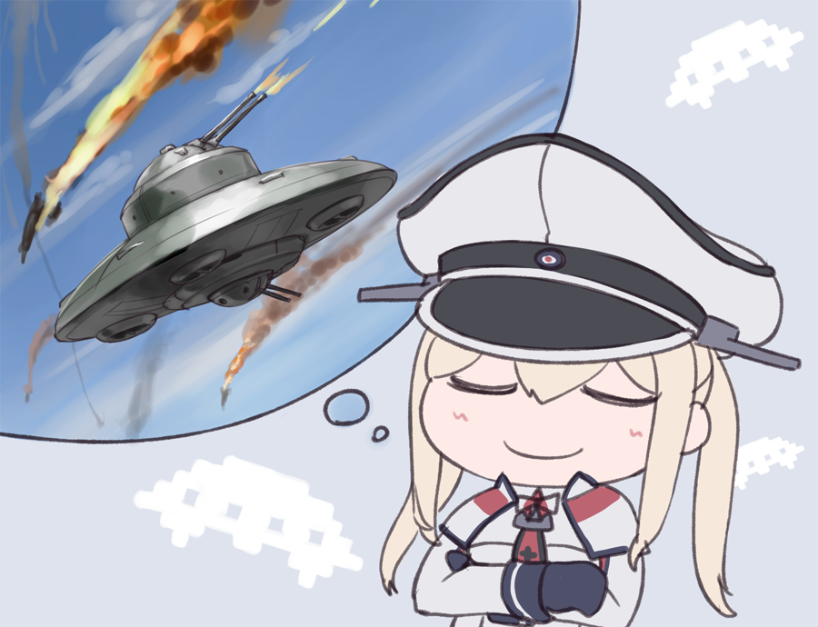 1girl black_gloves blonde_hair blush capelet closed_eyes crossed_arms gloves graf_zeppelin_(kantai_collection) hair_between_eyes hat imagining kantai_collection long_hair long_sleeves military military_uniform peaked_cap rokuwata_tomoe sidelocks smile solo twintails ufo uniform upper_body