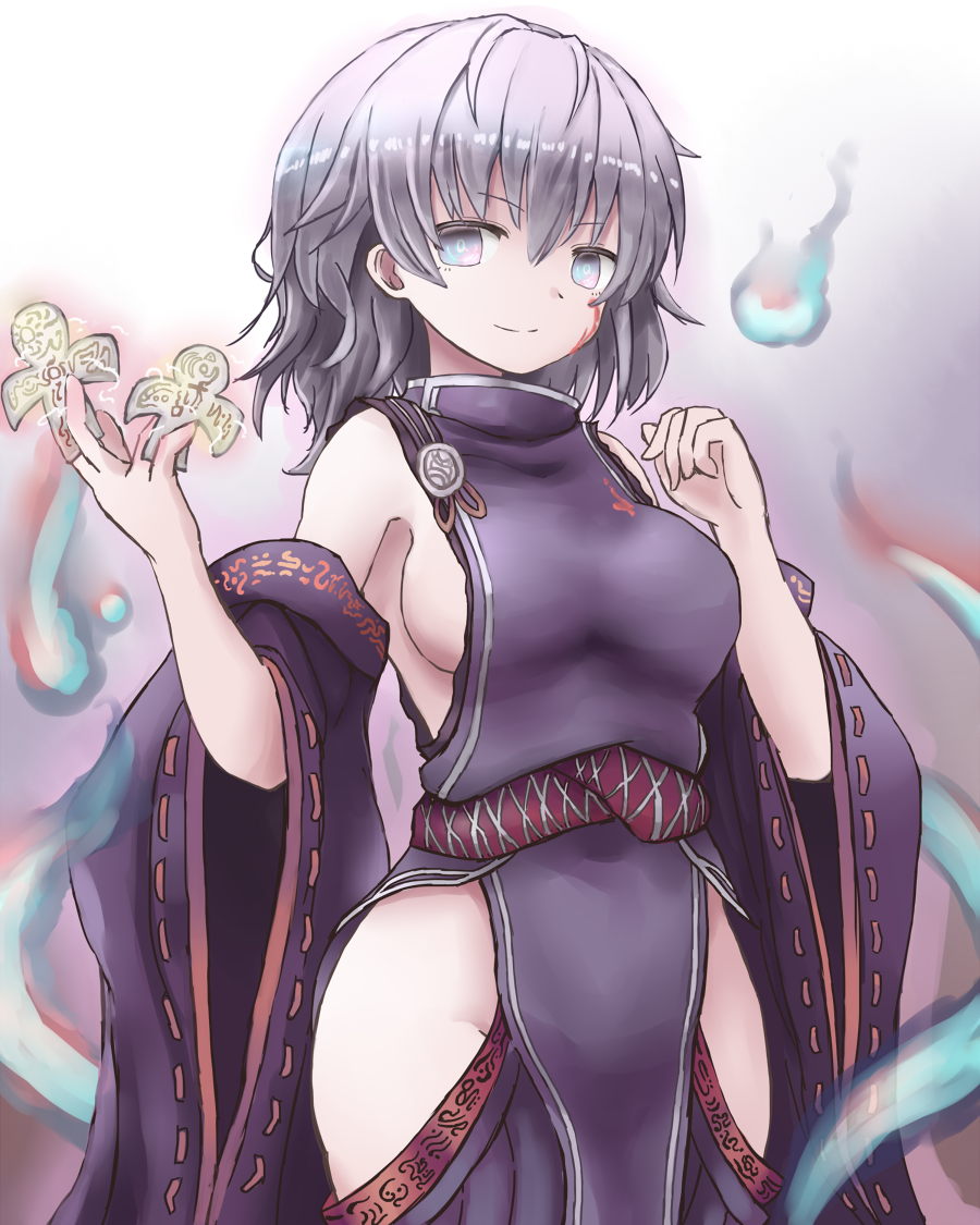 1girl aoiyamagi4 blue_eyes breasts detached_sleeves facial_mark hitodama looking_at_viewer medium_breasts mikoto_(sennen_sensou_aigis) ribbon-trimmed_sleeves ribbon_trim sennen_sensou_aigis silver_hair solo standing wdie_sleeves