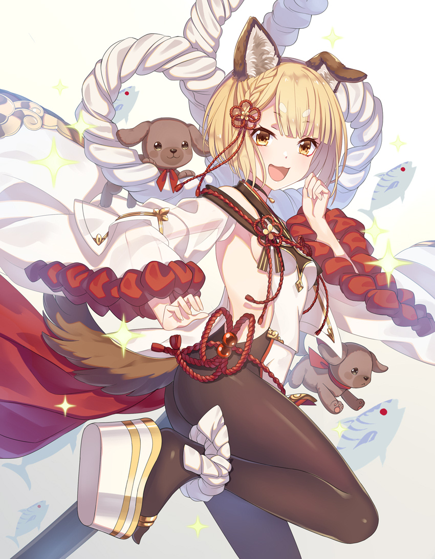1girl :d animal_ears backless_outfit bangs bare_shoulders blonde_hair blush braid breasts brown_legwear commentary_request detached_sleeves dog dog_ears dog_girl dog_tail erune eyebrows_visible_through_hair fish granblue_fantasy hair_ornament japanese_clothes jiman looking_at_viewer open_mouth pantyhose puppy rope shimenawa short_hair small_breasts smile solo tail vajra_(granblue_fantasy) wide_sleeves