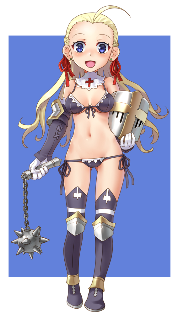 1girl ahoge armor bikini bikini_armor blonde_hair blue_background blue_bikini blue_eyes blue_footwear boots breasts collar commentary_request cross-laced_footwear detached_collar earrings elbow_gloves elbow_pads front-tie_bikini front-tie_top full_body gloves hair_pulled_back hair_ribbon hip_bones holding holding_shield holding_weapon jewelry katahira_masashi knee_pads looking_at_viewer lowleg lowleg_bikini mace medium_breasts navel open_mouth original outside_border red_ribbon ribbon shield side-tie_bikini smile solo standing string_bikini swimsuit thigh-highs thigh_boots weapon white_collar white_gloves