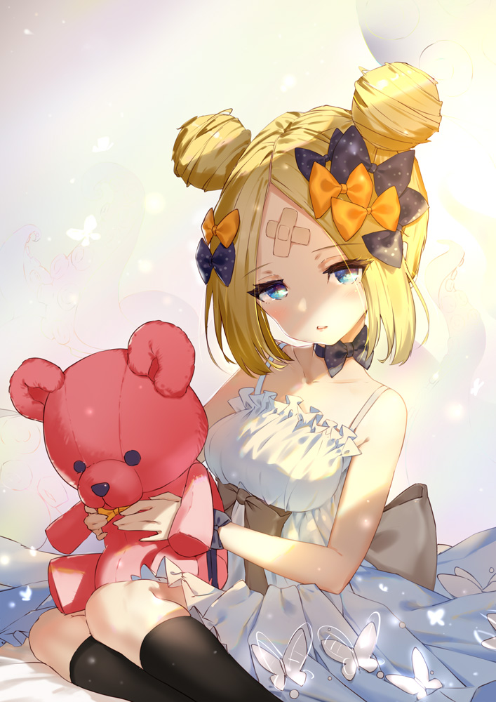 1girl abigail_williams_(fate/grand_order) bandaid_on_forehead bangs black_bow blonde_hair blue_eyes bow breasts bug butterfly crossed_bandaids double_bun dress fate/grand_order fate_(series) forehead hair_bow insect light_rays lincgart long_hair multiple_bows orange_bow parted_bangs parted_lips polka_dot polka_dot_bow sidelocks sitting small_breasts solo stuffed_animal stuffed_toy teddy_bear white_dress