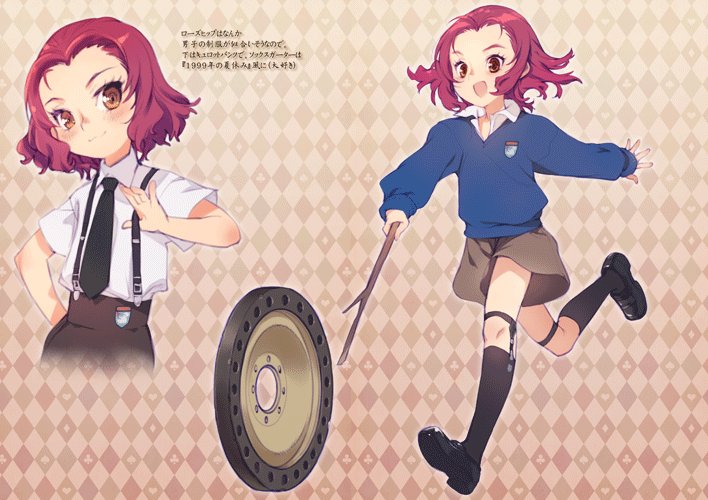 1girl adapted_costume argyle argyle_background black_footwear black_legwear black_neckwear blue_sweater bow bowtie brown_shorts closed_mouth commentary_request cropped_torso dress_shirt garter_straps girls_und_panzer hand_on_hip head_tilt holding_stick kacchu_musume kneehighs konishi_hiroshi loafers looking_at_viewer open_mouth rosehip_(girls_und_panzer) running school_uniform shirt shoes shorts smile st._gloriana's_school_uniform standing stick suspenders sweater thigh_strap v-neck wheel white_shirt wing_collar younger