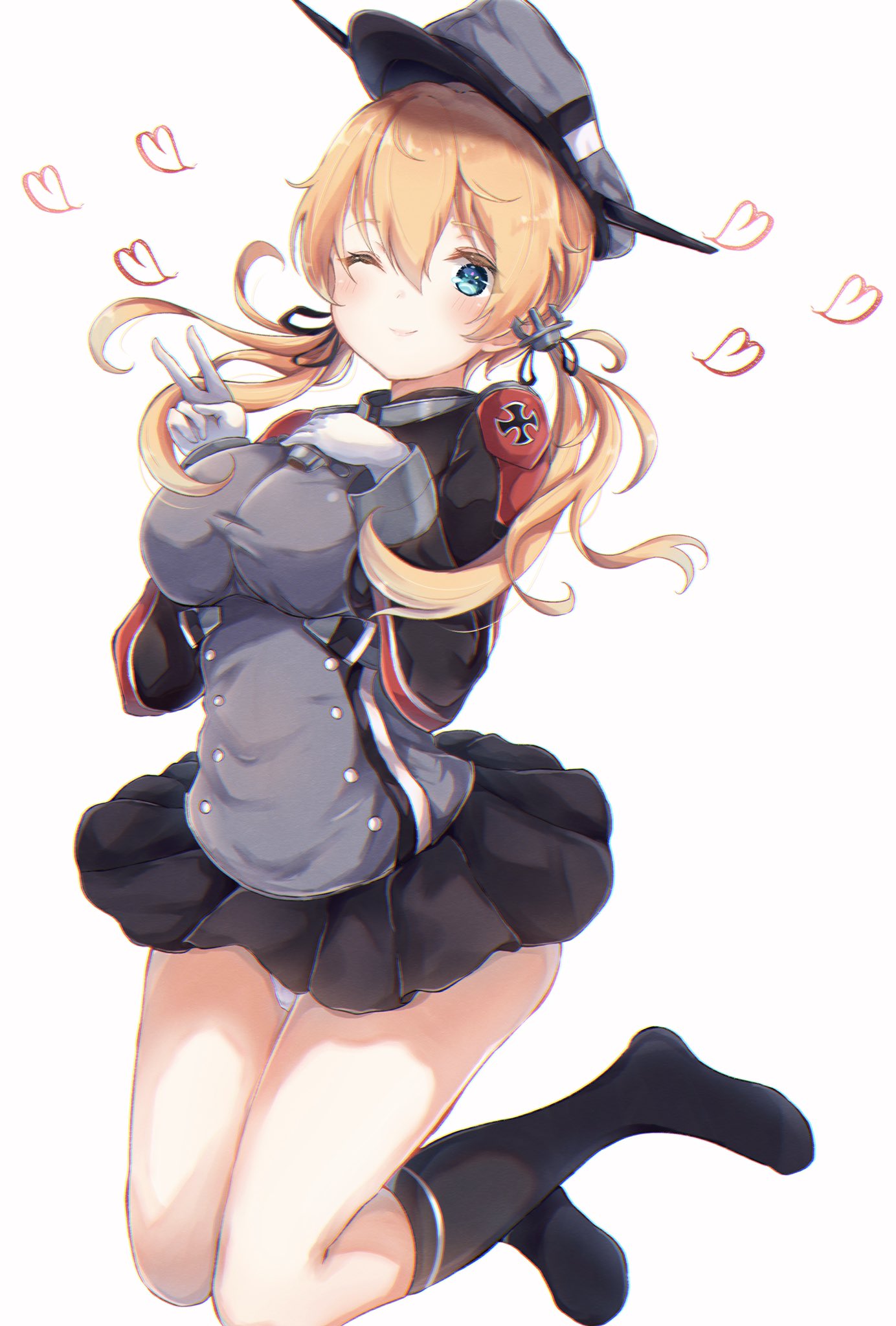 1girl anchor_hair_ornament aqua_eyes black_legwear black_skirt blonde_hair breasts commentary_request gloves hair_ornament hat highres iron_cross jumping kantai_collection kneehighs long_hair looking_at_viewer low_twintails medium_breasts microskirt military military_uniform panties pantyshot peaked_cap pleated_skirt prinz_eugen_(kantai_collection) sa-ya2 simple_background skirt smile solo twintails underwear uniform white_background white_gloves white_panties