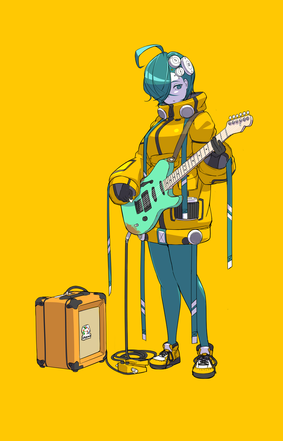 1girl ahoge amplifier_(instrument) aqua_eyes aqua_hair aqua_legwear black_gloves coat electric_guitar full_body gloves guitar hair_over_one_eye highres holding holding_instrument instrument long_sleeves original pale_skin shoes short_hair simple_background solo standing ub1mo yellow_background yellow_coat yellow_footwear