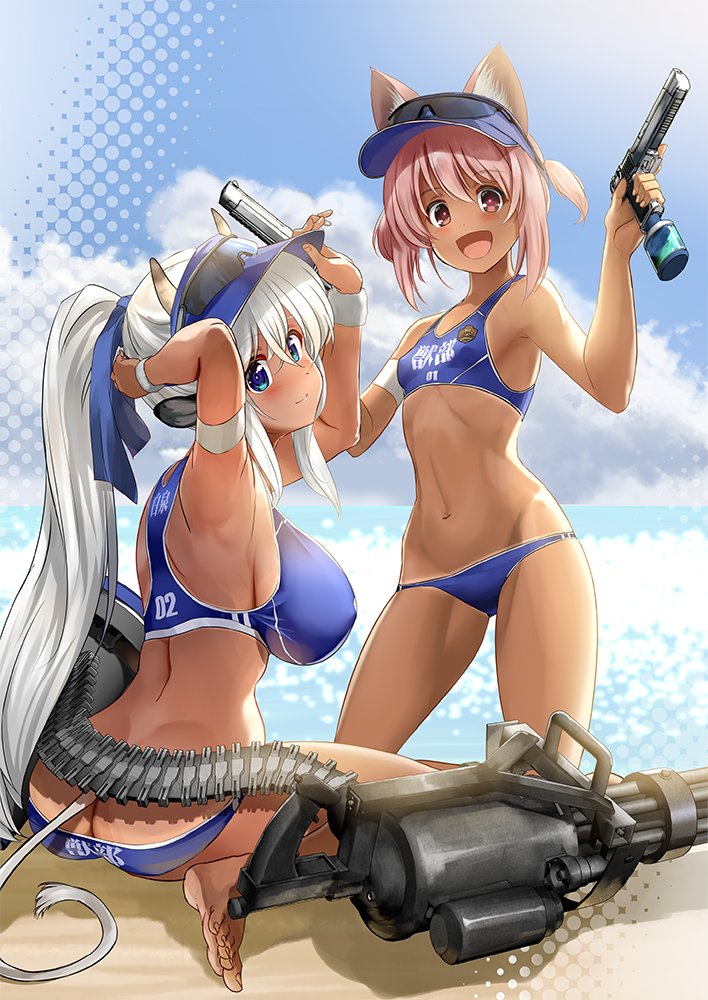 :d adjusting_headwear animal_ears arm_behind_head armband backlighting barefoot beach bikini blue_bikini blue_eyes blue_headwear blue_ribbon blue_sky breasts butt_crack closed_mouth clothes_writing clouds cloudy_sky commentary_request cow_ears cow_girl cow_horns cow_tail day dual_wielding emblem eyebrows_visible_through_hair eyewear_on_headwear gatling_gun gun hair_ribbon handgun holding holding_gun holding_weapon horns kiryuu_takahisa kneeling large_breasts long_hair minigun navel ocean open_mouth original outdoors pink_eyes pink_hair ponytail ribbon ribs shadow silver_hair sitting skindentation sky small_breasts smile sports_bikini sunglasses swimsuit tail tan two_side_up visor_cap wariza water_gun weapon wristband