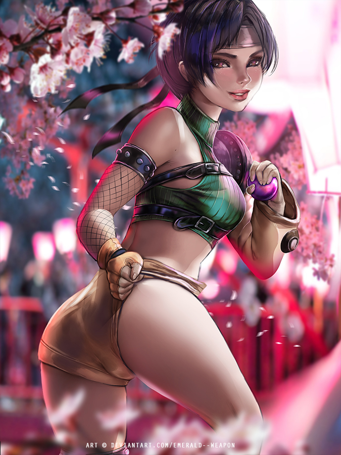 1girl adjusting_clothes adjusting_shorts armor ass back bare_shoulders black_hair breasts brown_eyes brown_gloves brown_shorts crop_top emerald-weapon final_fantasy final_fantasy_vii fingerless_gloves fishnets flower gloves green_sweater headband holding knee_up light_blush lips lipstick looking_at_viewer makeup materia medium_breasts midriff pink_flower plum_blossoms short_hair short_shorts shorts sleeveless sleeveless_turtleneck smile solo sweater thigh_gap tree turtleneck turtleneck_sweater yuffie_kisaragi