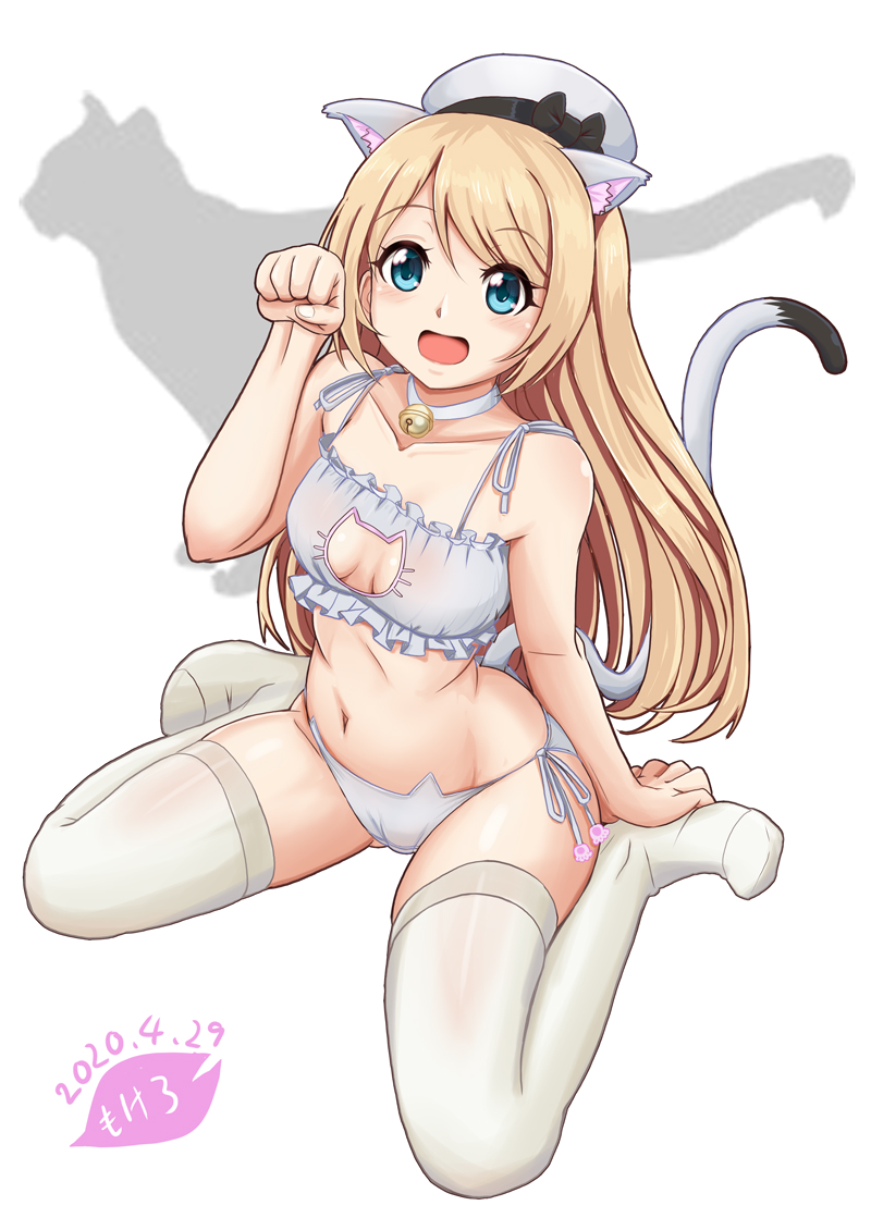 1girl animal_band_legwear animal_band_panties animal_cutout animal_ears artist_logo bell bell_choker bra cat cat_band_legwear cat_cutout cat_ear_panties cat_ears cat_lingerie cat_tail choker cleavage_cutout commentary_request dated frilled_bra frills hat jervis_(kantai_collection) jingle_bell kantai_collection kemonomimi_mode meme_attire mokerou panties paw_pose paw_print sailor_hat side-tie_panties silhouette simple_background sitting smile solo tail thigh-highs underwear underwear_only wariza white_background white_bra white_headwear white_legwear white_panties