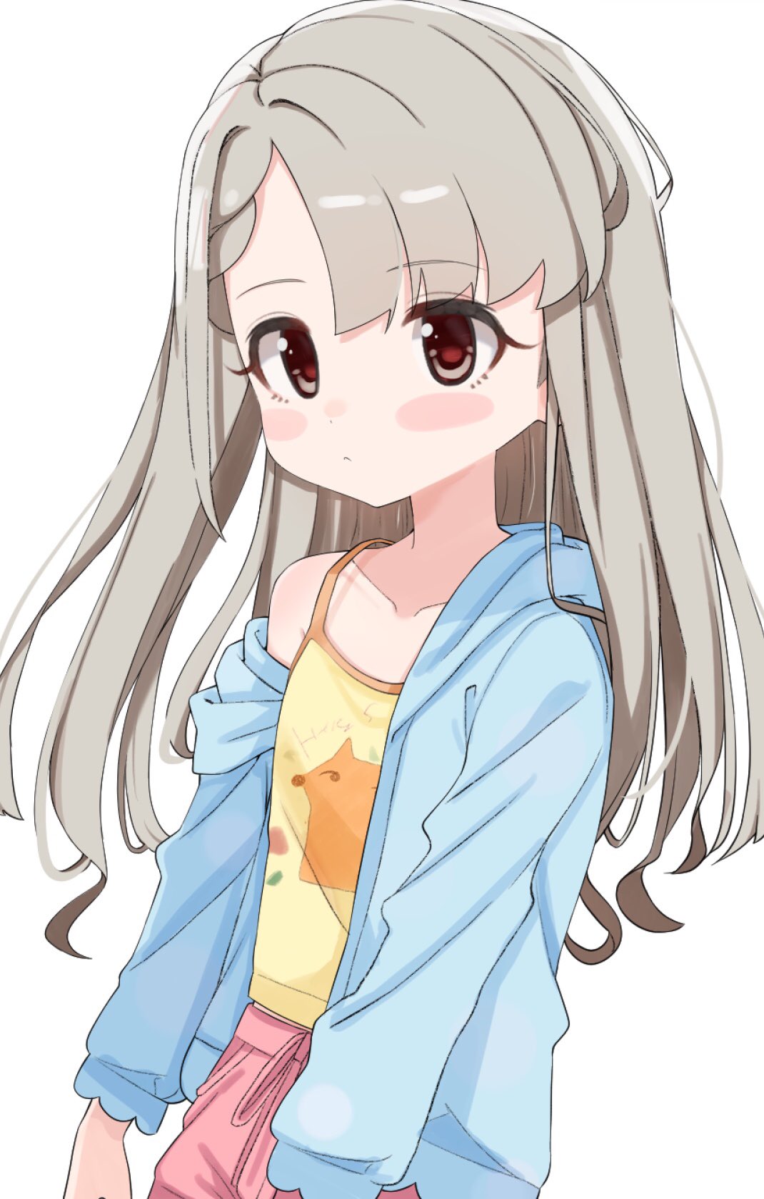 1girl bangs blue_jacket blush_stickers braid braided_bangs brown_eyes camisole closed_mouth collarbone commentary_request eyebrows_visible_through_hair grey_hair hair_down highres hisakawa_nagi hood hood_down hooded_jacket idolmaster idolmaster_cinderella_girls idolmaster_cinderella_girls_starlight_stage jacket long_hair long_sleeves looking_at_viewer open_clothes open_jacket pink_shorts shiwa_(siwaa0419) shorts simple_background solo very_long_hair white_background yellow_camisole