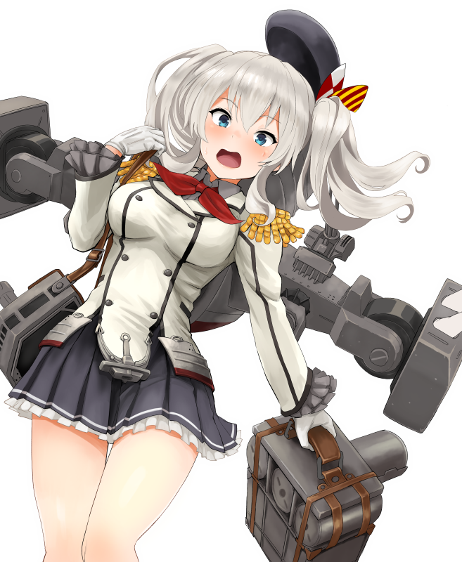 1girl bangs beret blue_eyes blush breasts epaulettes eyebrows_visible_through_hair frilled_skirt frills gloves hat hat_removed headwear_removed holding kantai_collection kashima_(kantai_collection) long_hair long_sleeves open_mouth red_neckwear rigging silver_hair simple_background skirt solo sweat twintails watanore wavy_hair white_background white_gloves