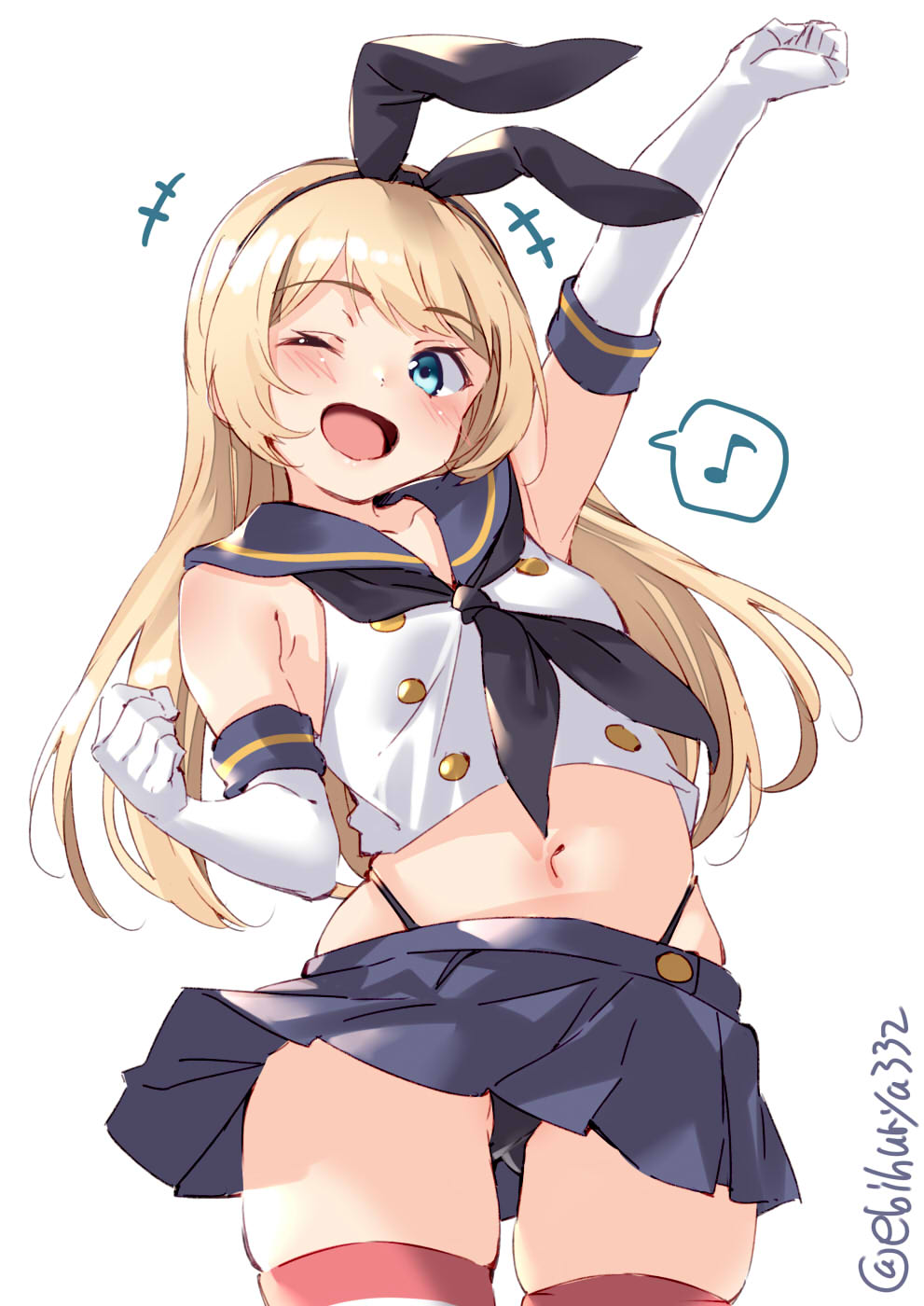 +++ 1girl arm_up black_neckwear blonde_hair blue_eyes blue_sailor_collar blue_skirt blush collarbone cosplay cowboy_shot crop_top ebifurya eighth_note elbow_gloves eyebrows_visible_through_hair gloves highres jervis_(kantai_collection) kantai_collection long_hair midriff musical_note navel neckerchief one_eye_closed open_mouth pleated_skirt sailor_collar school_uniform serafuku shimakaze_(kantai_collection) shimakaze_(kantai_collection)_(cosplay) simple_background skirt sleeveless smile solo spoken_musical_note striped striped_legwear thigh-highs twitter_username white_background white_gloves