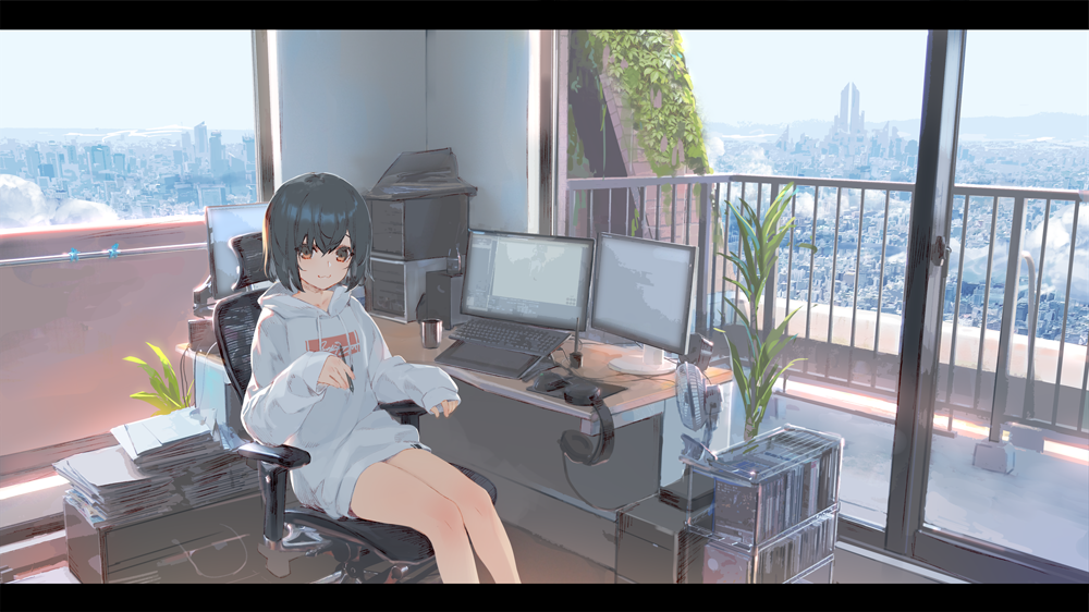 1girl :3 balcony black_hair blush brown_eyes building chair city cityscape closed_mouth clouds commentary_request computer computer_tower cup desk drawing_tablet electric_fan fan file_cabinet foliage glass_door headphones headphones_removed holding holding_pen hood hood_down hoodie indoors izumi_sai keyboard_(computer) laundry_pole legs letterboxed long_sleeves looking_at_viewer monitor mountainous_horizon no_pants office_chair original paper paper_stack pen plant potted_plant railing scenery short_hair sitting sky skyscraper sleeves_past_wrists smile solo white_hoodie window