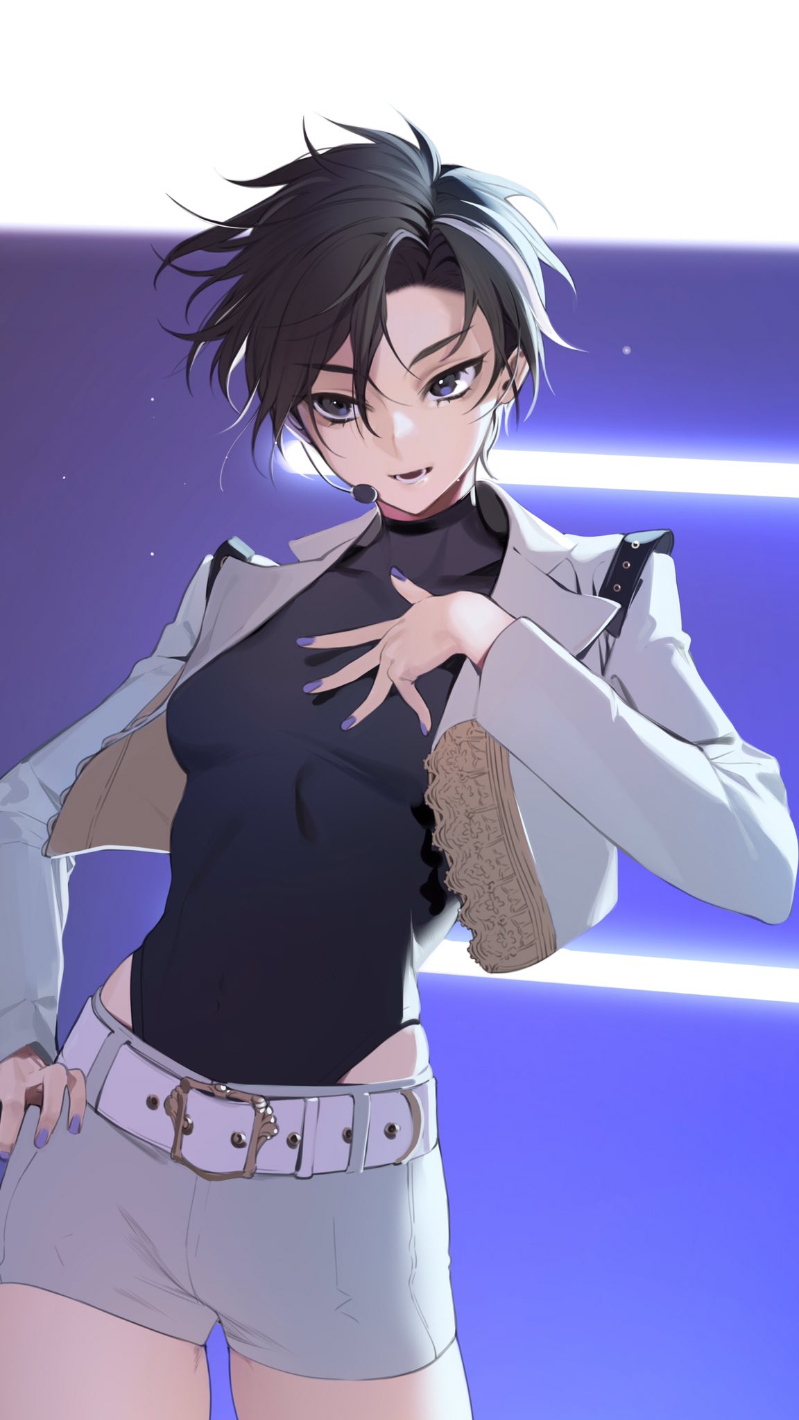 1girl belt black_hair blue_eyes blue_nails eyebrows_visible_through_hair hand_on_hip highres jacket microphone ohisashiburi original short_hair shorts solo