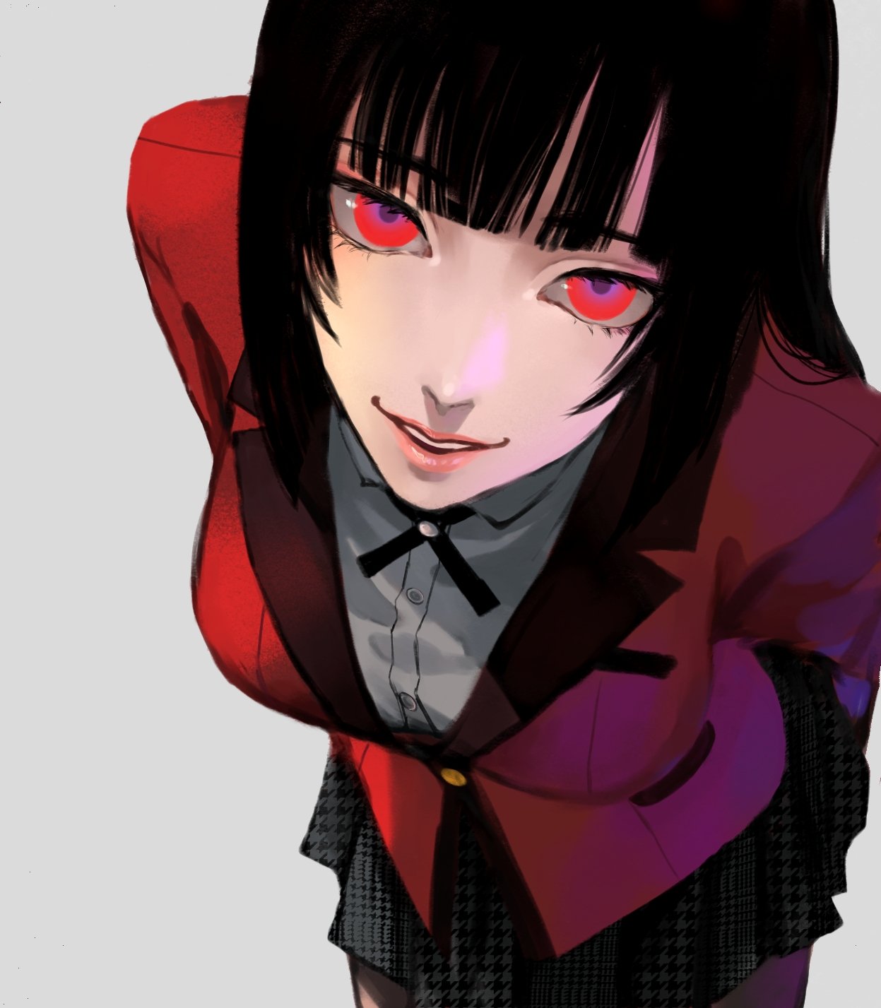 bangs black_hair blunt_bangs breasts highres hime_cut jabami_yumeko jacket kakegurui long_hair pantyhose red_eyes red_jacket skirt smile suit_jacket uniform