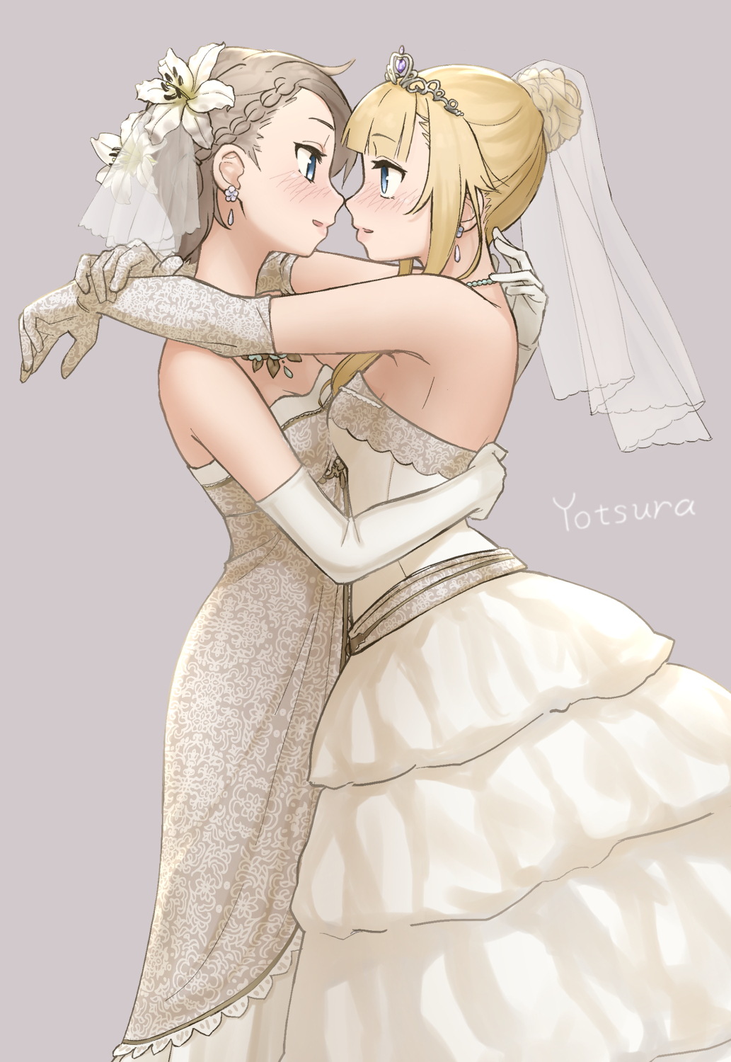 2girls alternate_hairstyle ange_(princess_principal) blonde_hair blue_eyes braid breasts couple dress elbow_gloves gloves grey_background grey_hair hair_bun highres imminent_kiss multiple_girls princess_(princess_principal) princess_principal simple_background wedding wedding_dress white_dress yotsura yuri