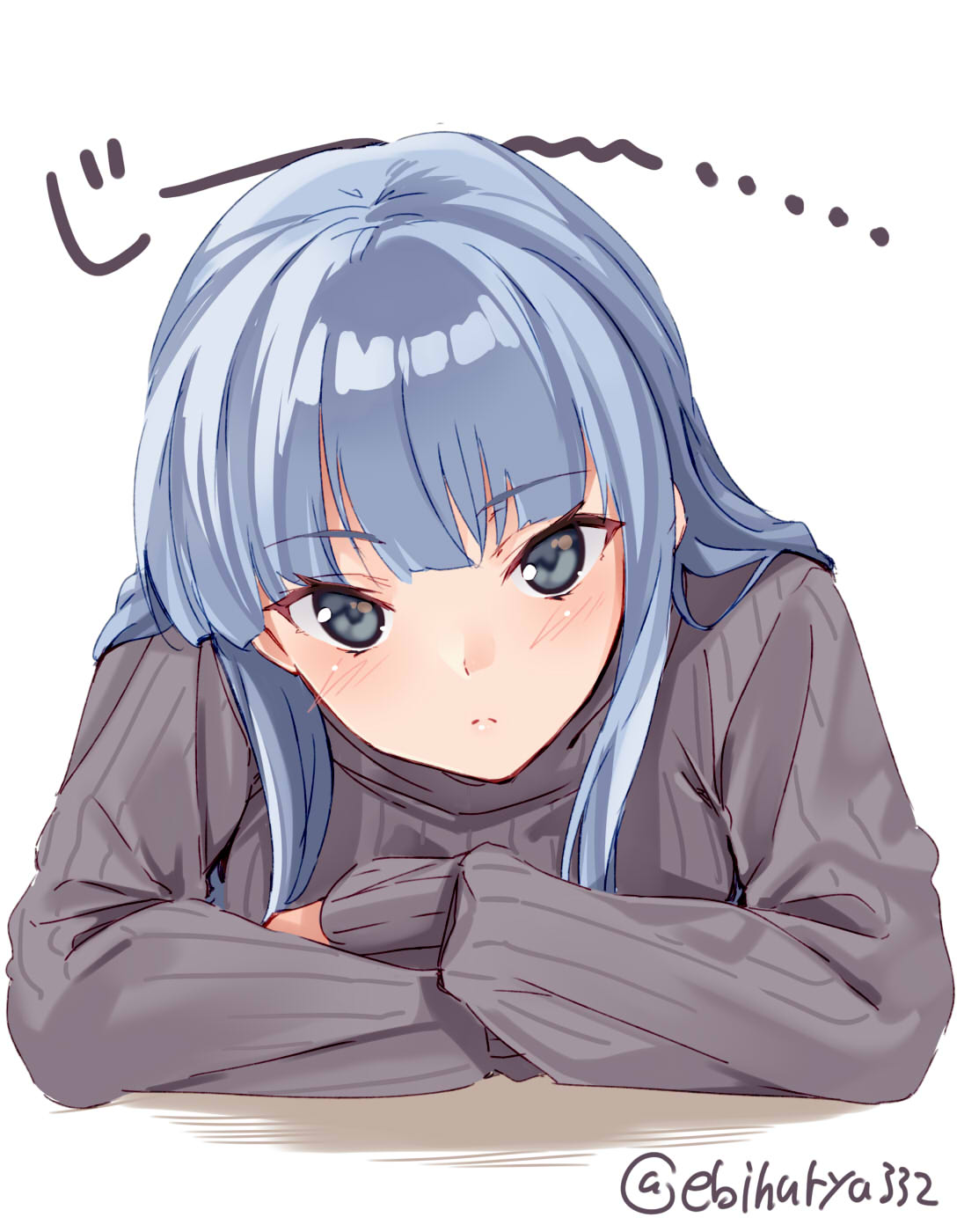 1girl alternate_costume artist_name blue_eyes blue_hair blush crossed_arms ebifurya eyebrows_visible_through_hair grey_sweater hatsukaze_(kantai_collection) highres kantai_collection long_hair long_sleeves looking_at_viewer ribbed_sweater simple_background solo sweater translated twitter_username upper_body white_background
