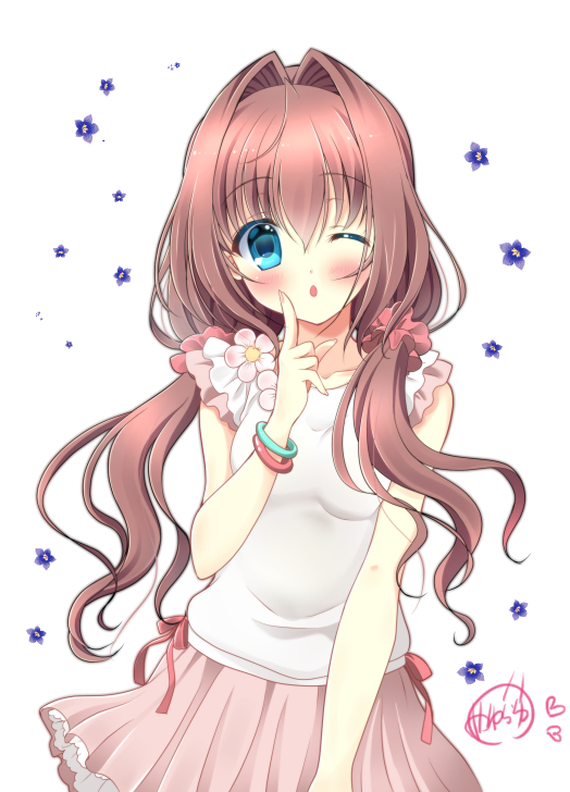 1girl :o armband asakura_otome bangs blue_eyes blush breasts brown_hair commentary_request da_capo da_capo_ii eyebrows_visible_through_hair floral_background frills hair_between_eyes hair_intakes hair_ornament hair_scrunchie index_finger_raised kayura_yuka layered_skirt looking_at_viewer low_twintails one_eye_closed open_mouth pink_skirt pleated_skirt scrunchie shirt sidelocks signature simple_background skirt sleeveless sleeveless_shirt small_breasts solo twintails white_background white_shirt