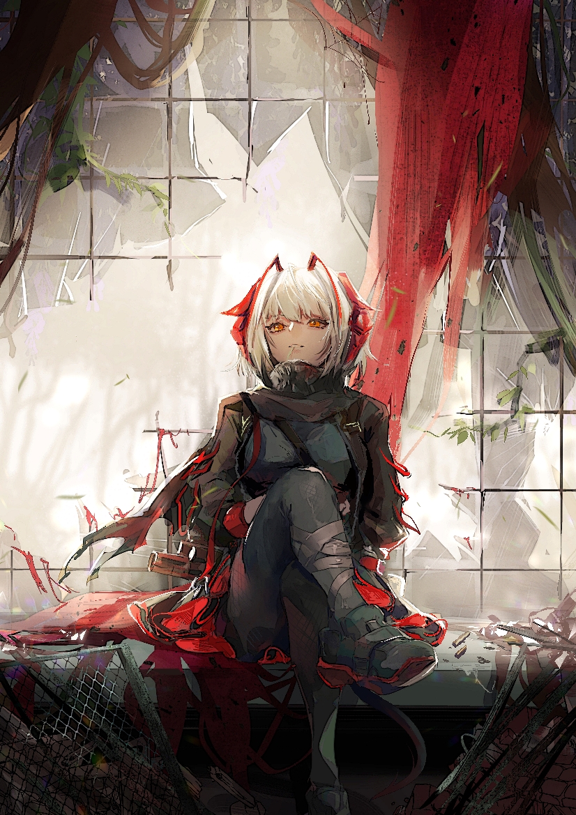 1girl arknights black_jacket black_scarf boots detonator horns jacket looking_at_viewer mk_18_carbine red_eyes red_scarf scarf shenji_laurant silver_hair sitting w_(arknights) wall