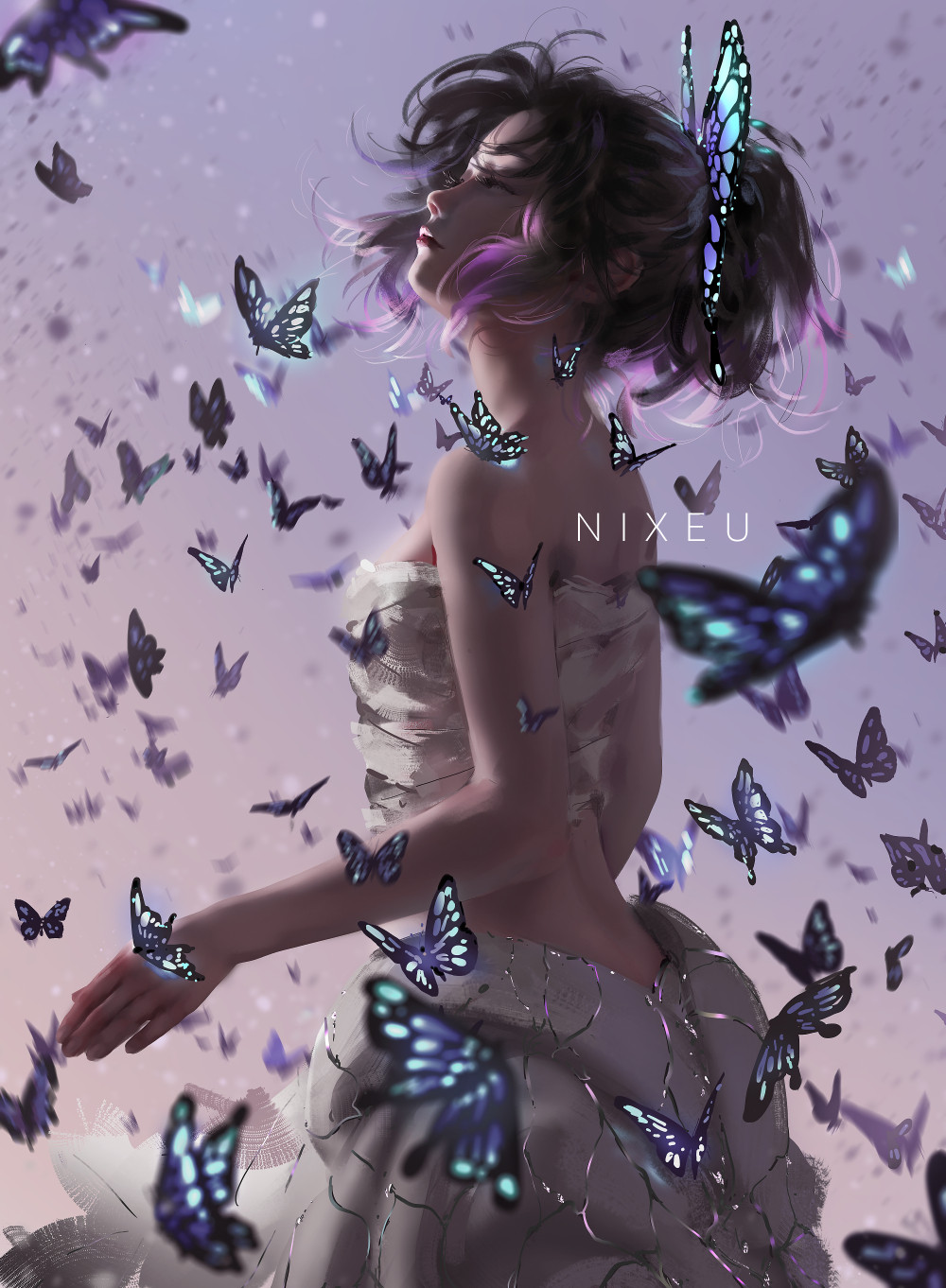 1girl animal_print bangs bare_shoulders belt blue_butterfly bug butterfly butterfly_hair_ornament butterfly_on_finger butterfly_print closed_eyes dress flower hair_ornament haori highres insect japanese_clothes kimetsu_no_yaiba kochou_shinobu nixeu parted_bangs purple_butterfly purple_hair short_hair white_belt white_butterfly white_dress wisteria