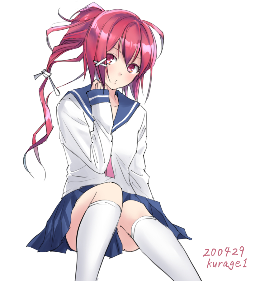 1girl adapted_costume alternate_costume artist_name blue_sailor_collar commentary_request dated feet_out_of_frame hair_ribbon i-168_(kantai_collection) invisible_chair kantai_collection kneehighs long_hair looking_at_viewer neckerchief pink_hair pink_neckwear ponytail redhead ribbon sailor_collar school_uniform serafuku simple_background sitting solo u0709 white_background white_legwear