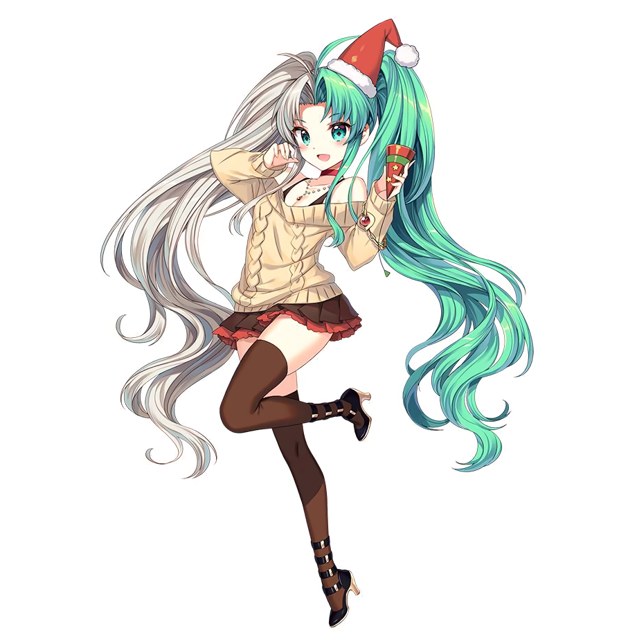 1girl aran_sweater black_footwear brave_sword_x_blaze_soul brown_legwear choker full_body green_hair hat high_heels holding jewelry leg_up long_hair long_sleeves multicolored_hair nardack necklace official_art open_mouth party_popper pleated_skirt red_choker santa_hat simple_background skirt solo strappy_heels sweater thigh-highs twintails two-tone_hair very_long_hair white_background white_hair zettai_ryouiki