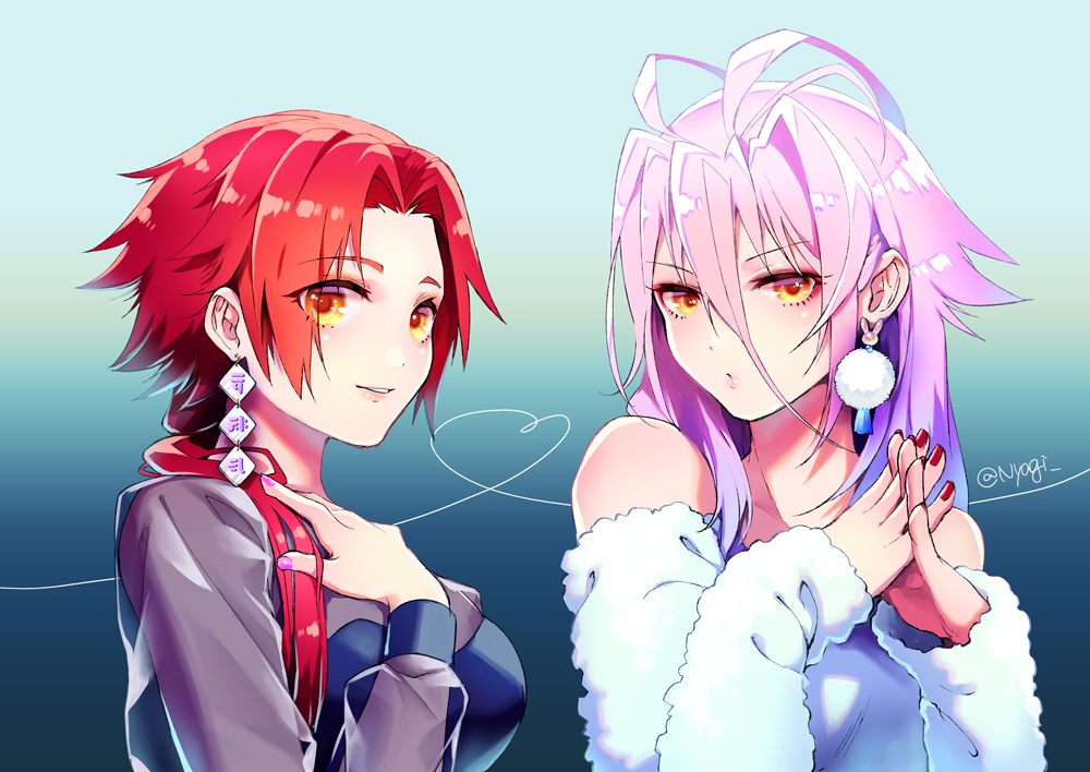 2girls antenna_hair genderswap genderswap_(mtf) heart heart_of_string interlocked_fingers jewelry lavender_hair multiple_girls nyagi pink_nails ponytail red_nails redhead sengo_muramasa_(touken_ranbu) single_earring smile tonbokiri_(touken_ranbu) touken_ranbu upper_body yellow_eyes