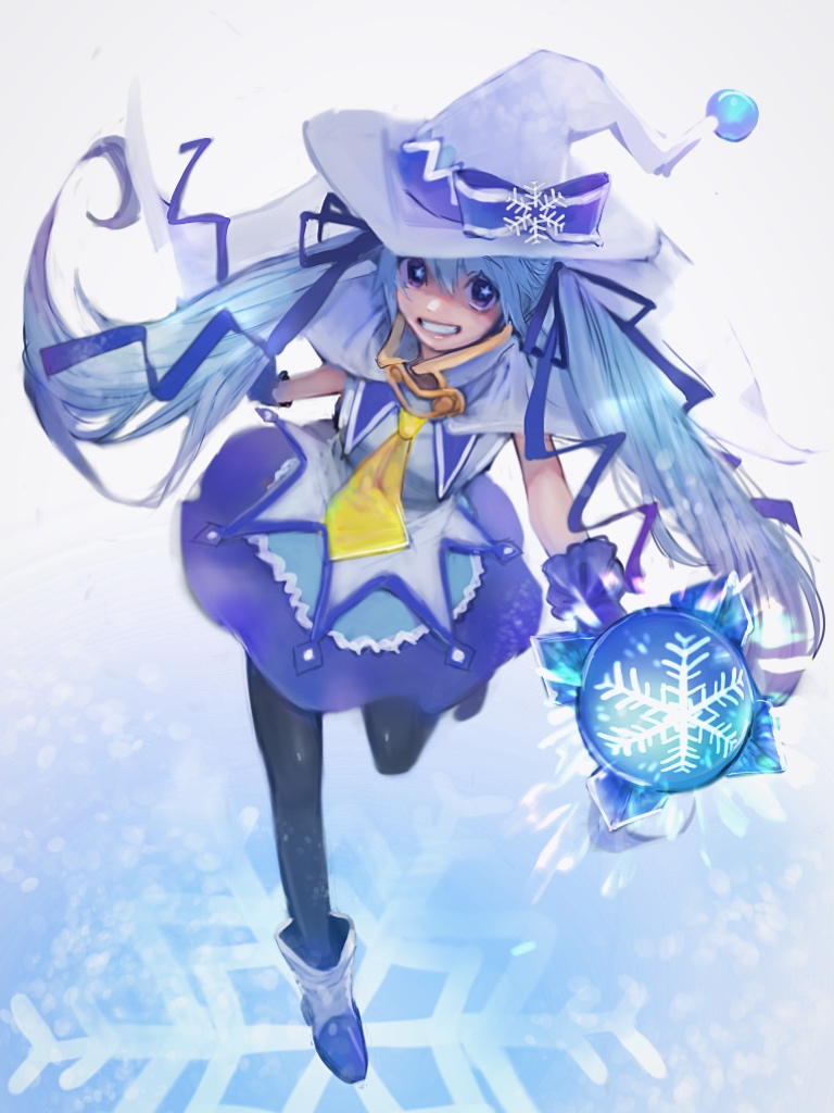 1girl black_legwear blue_eyes blue_ribbon blue_skirt boots bow cloak commentary gloves grin hair_ribbon hat hat_bow hatsune_miku holding holding_wand leg_up light_blue_hair magician minomegu necktie pantyhose purple_gloves ribbon shirt skirt sleeveless sleeveless_shirt smile snow_globe snowflake_ornament snowflake_print snowflakes vocaloid wand white_cloak white_footwear white_headwear white_shirt witch_hat yellow_neckwear yuki_miku yuki_miku_(2014)