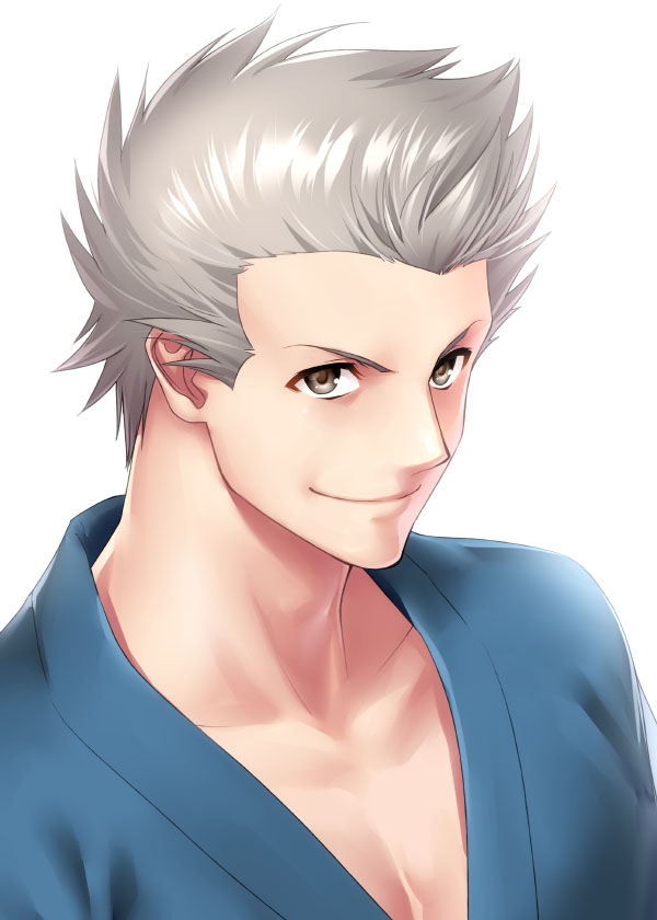1boy commentary_request dougi grey_eyes japanese_clothes little_busters!! looking_at_viewer male_focus miyazawa_kengo silver_hair simple_background smile solo spiky_hair upper_body white_background zen