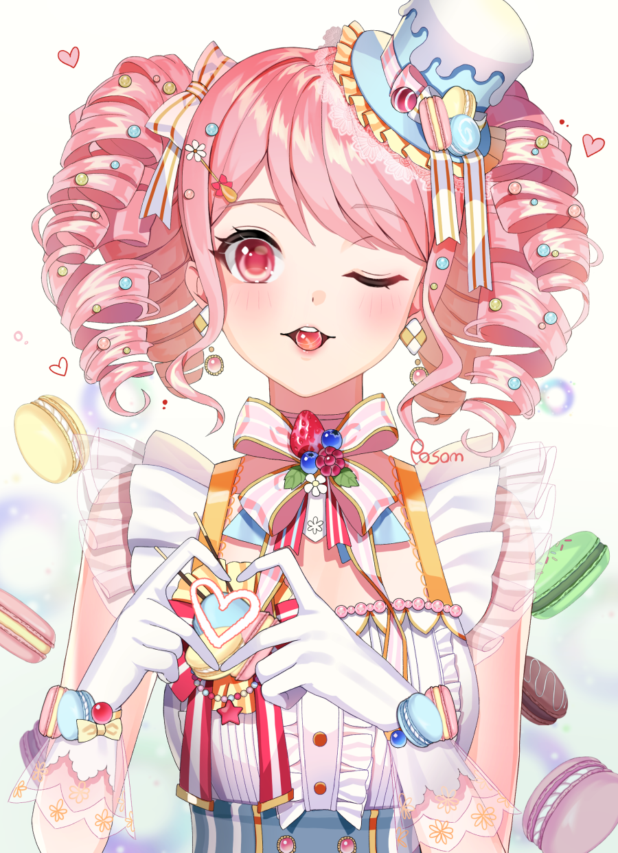 1girl bang_dream! bangs beads blue_headwear blush bow bracelet breasts candy center_frills checkerboard_cookie choker cookie drill_hair earrings food food_themed_earrings food_themed_ornament frilled_hat frills gloves hair_beads hair_ornament hair_ribbon hairclip hat hat_ribbon heart hex_tails highres jewelry looking_at_viewer macaron marble maruyama_aya mini_hat mini_top_hat mouth_hold one_eye_closed pink_eyes pink_hair pink_ribbon pocky posom red_eyes ribbon ribbon_choker ringlets see-through sidelocks smile solo swept_bangs top_hat upper_body white_background white_gloves