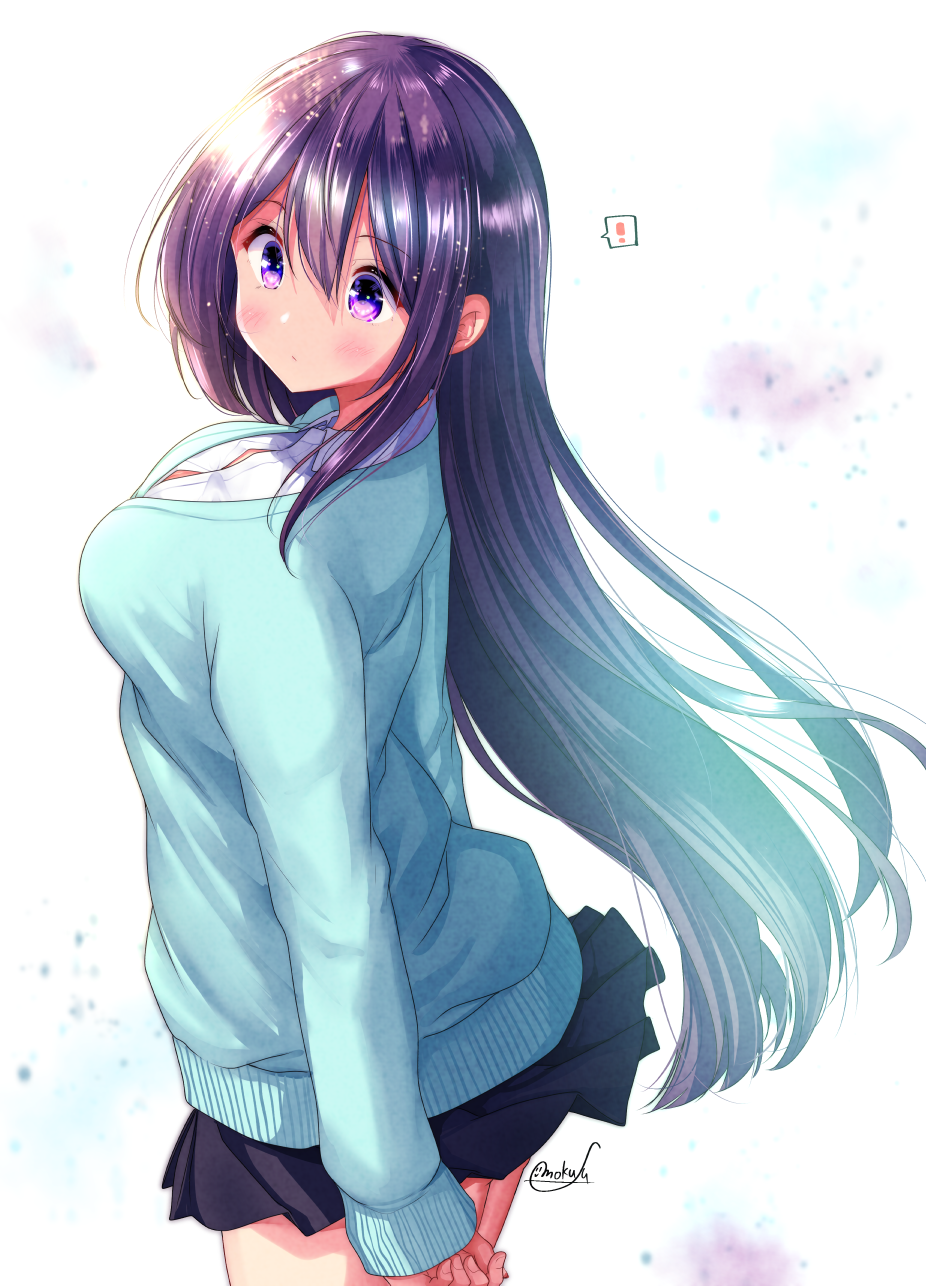 ! 1girl bangs black_hair blush breasts cardigan eyebrows_visible_through_hair highres large_breasts long_hair mokufuu original pleated_skirt profile shirt signature skirt solo speech_bubble spoken_exclamation_mark violet_eyes white_background white_shirt