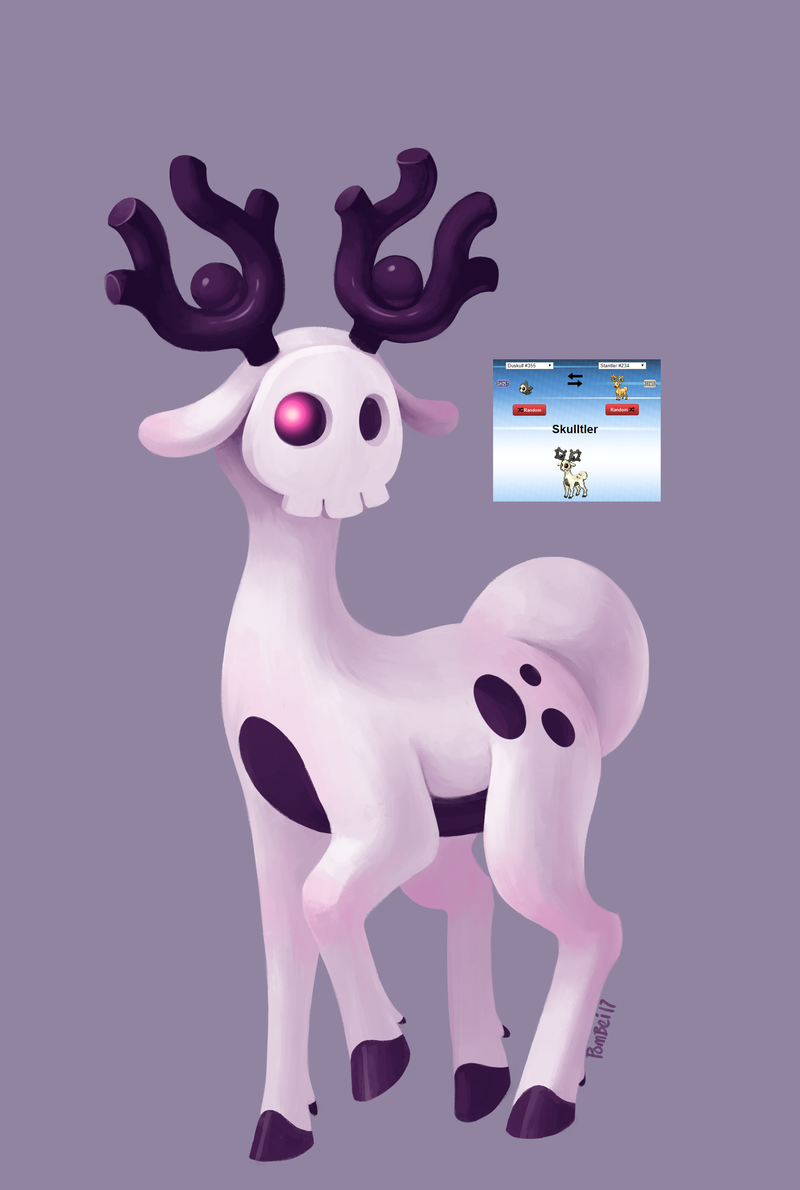 character_name commentary creature duskull english_commentary full_body fusion gen_2_pokemon gen_3_pokemon grey_background looking_at_viewer no_humans pokemon pokemon_(creature) pombei signature simple_background skull_mask standing standing_on_three_legs stantler