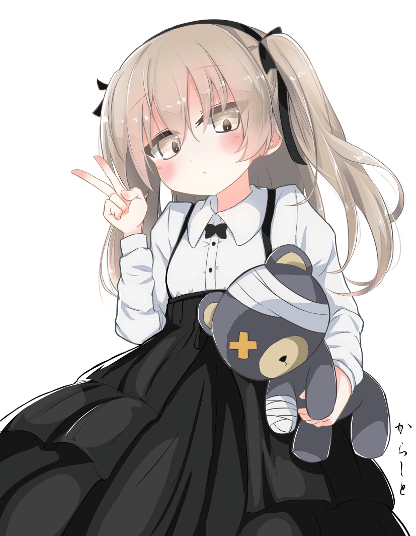 1girl bandages bangs black_bow black_skirt blush boko_(girls_und_panzer) bow bowtie buttons collared_shirt eyebrows_visible_through_hair girls_und_panzer grey_eyes grey_hair hair_between_eyes holding holding_stuffed_animal long_hair long_sleeves looking_at_viewer not_on_shana shimada_arisu shirt simple_background skirt solo stuffed_animal stuffed_toy suspender_skirt suspenders teddy_bear two_side_up v white_background white_shirt