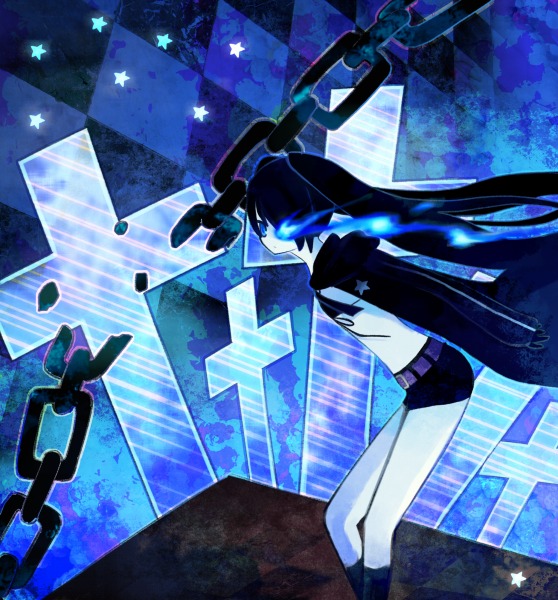 bangs belt bikini_top black_hair black_rock_shooter black_rock_shooter_(character) blue blue_eyes boots chain chains checkered coat cross flat_chest front-tie_top gloves glowing glowing_eyes hatsune_miku hood hooded_jacket jacket knee_boots koucha long_hair midriff pale_skin short_shorts shorts solo star twintails uneven_twintails very_long_hair vocaloid wind yoshitomo_(koucha)