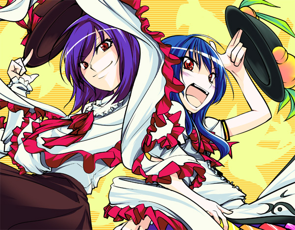 blue_hair chado hat hinanawi_tenshi multiple_girls nagae_iku purple_hair red_eyes touhou