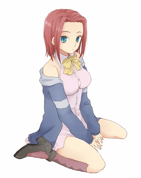 arch_(artist) bow code_geass dress high_heels jacket kallen_stadtfeld kneeling off_shoulder plum_(arch) shoes socks