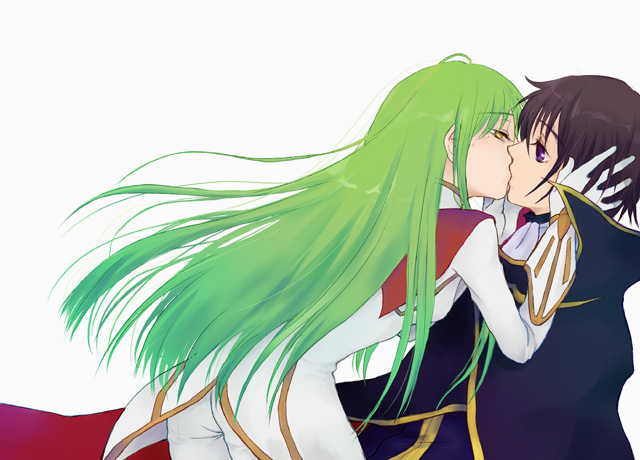 arch_(artist) cape cc code_geass gloves green_hair kiss lelouch_lamperouge long_hair plum_(arch) yellow_eyes zero_(code_geass)