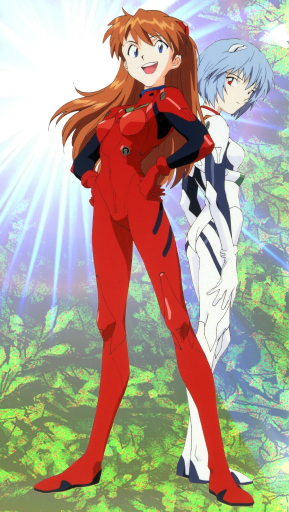 ayanami_rei blue_eyes blue_hair multiple_girls neon_genesis_evangelion pale pale_skin plugsuit red_eyes red_hair redhead smile souryuu_asuka_langley